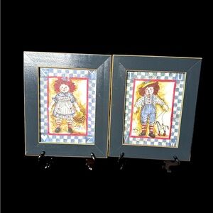 Set of 2 Vintage Signed Raggedy Ann and Andy Prints in Blue wooden Frames. (A)
